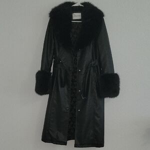 Saks Fifth Avenue Black Leather Jacket with Faux Fur Trim